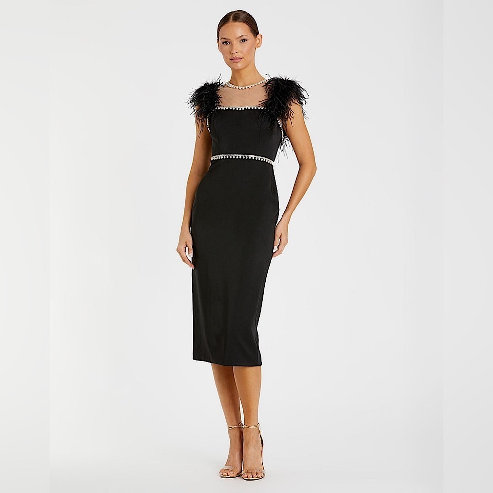 Mac Duggal Black Feather Cap Sleeve Pearl Embellished Midi Formal Dress | 2 - Picture 4 of 13